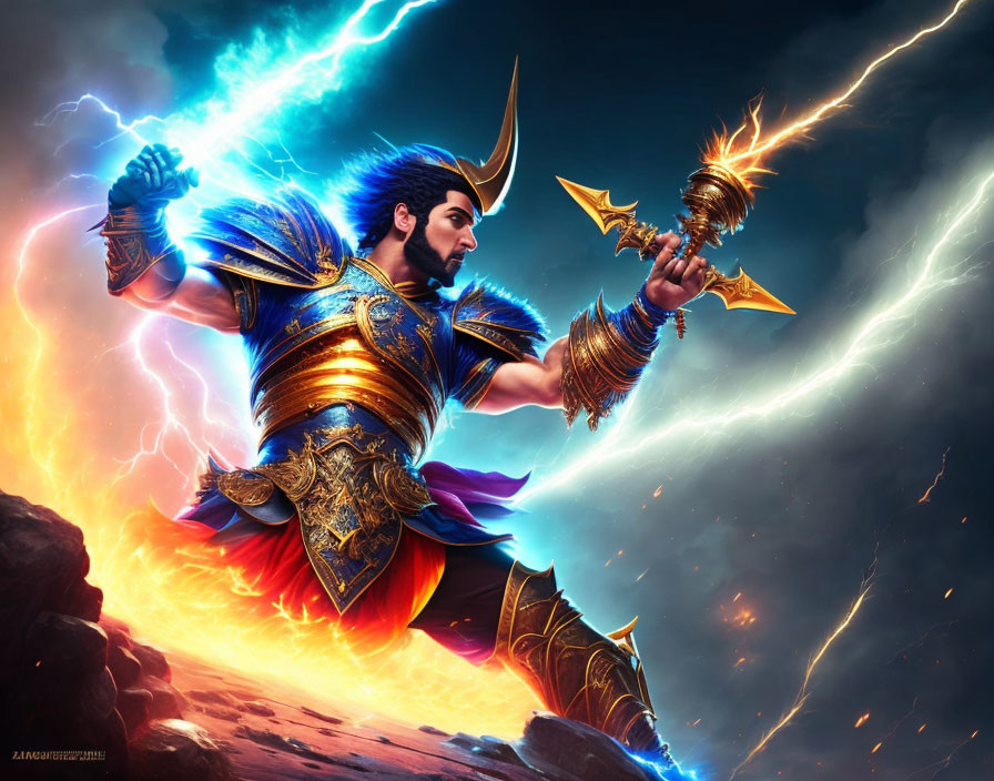 Animated warrior in blue armor wields glowing mace under lightning sky