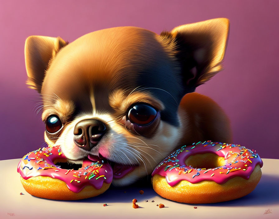 Adorable Chihuahua with glossy eyes and sprinkle donuts on pink background