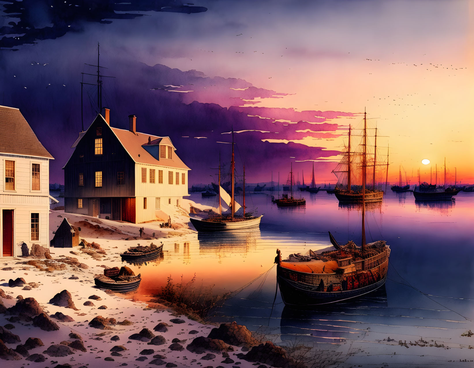 Tranquil sunset harbor with boats, waterfront house, and vivid sky.