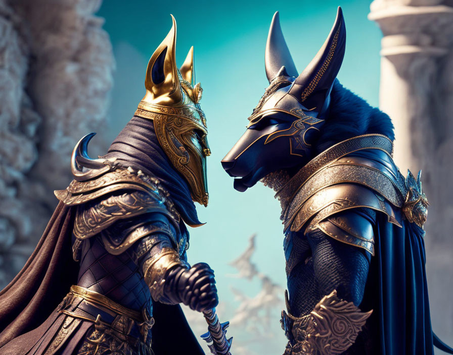 Egyptian-themed figures in ornate armor face off on a blue background