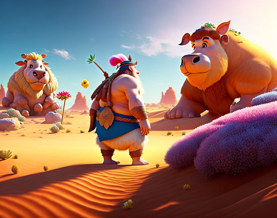 Animated characters: large bull and warrior in desert scenery.