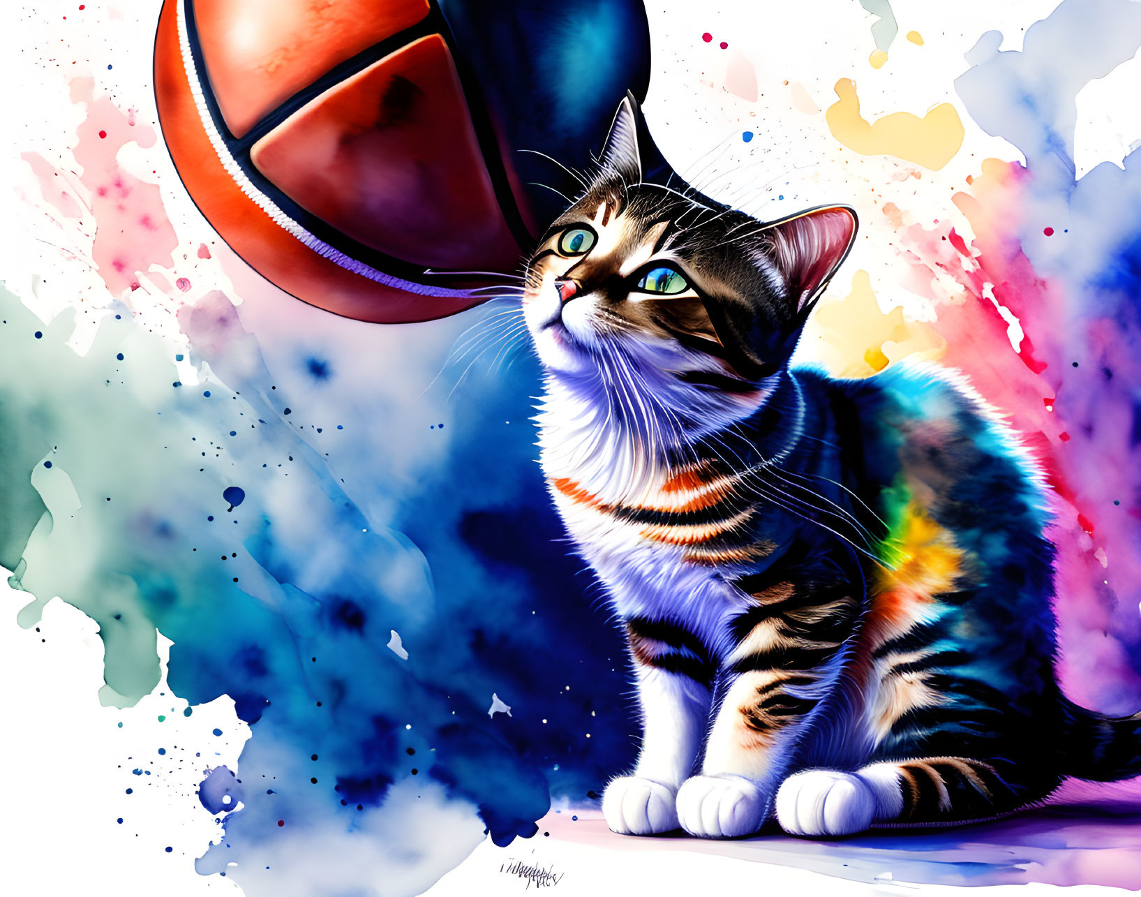 Colorful cat illustration with spinning basketball on paint splatter backdrop