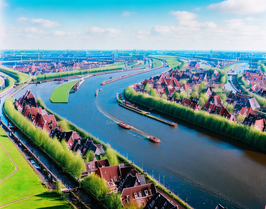 Winding River Flows Past Red-Roofed Houses