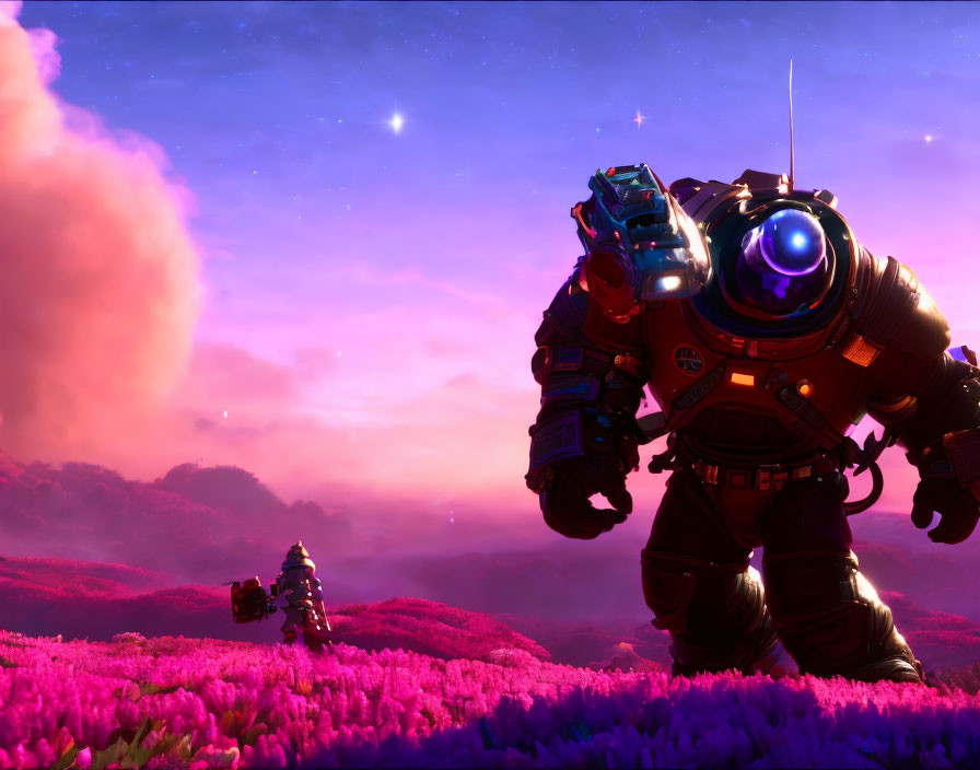 Astronaut in bulky suit on vibrant purple alien planet with robot companion