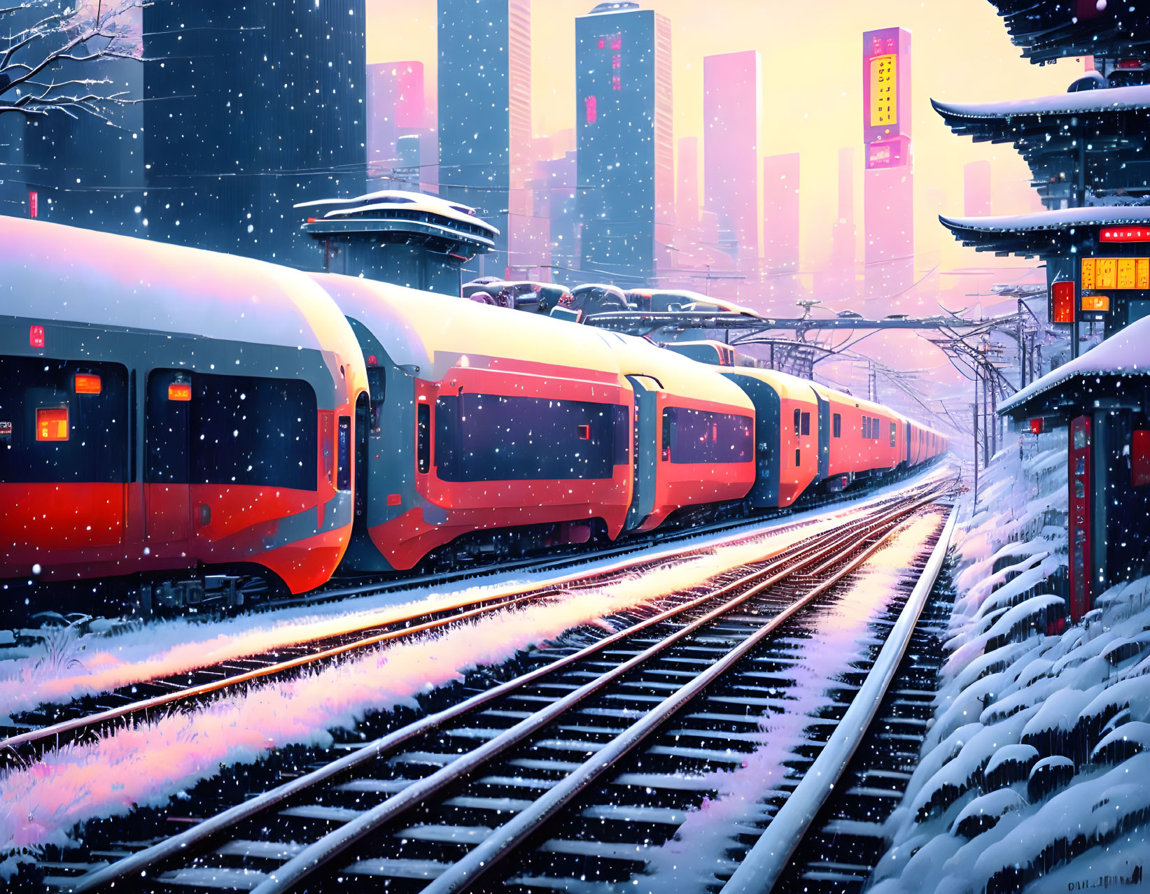 Orange and white trains on snowy tracks with futuristic cityscape at twilight