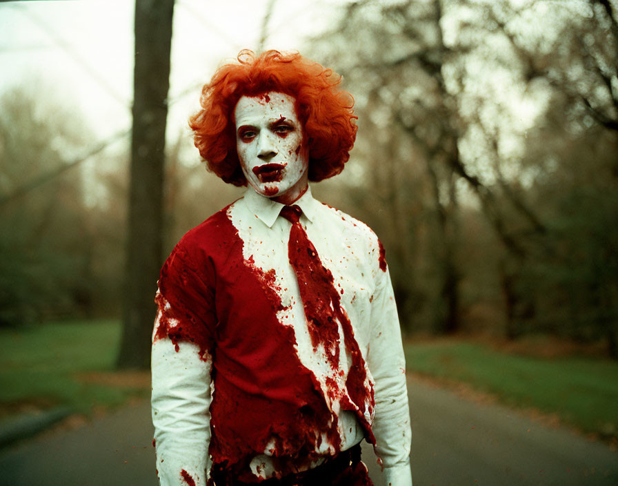 Clown in red hair and costume on road with trees