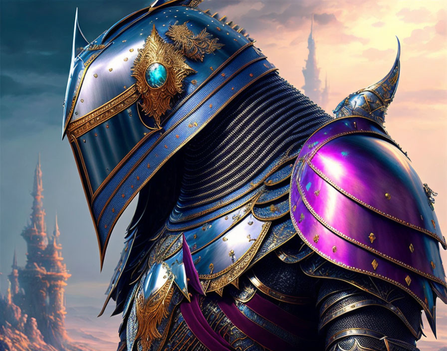 Knight in Blue and Purple Armor with Turquoise Gem and Fantasy Castle Background