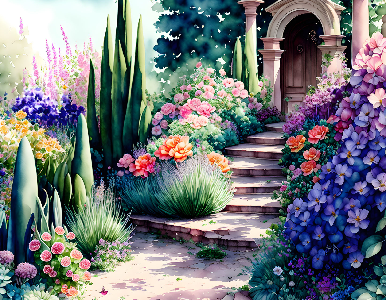 Colorful Flower Garden with Stone Staircase and Arched Doorway