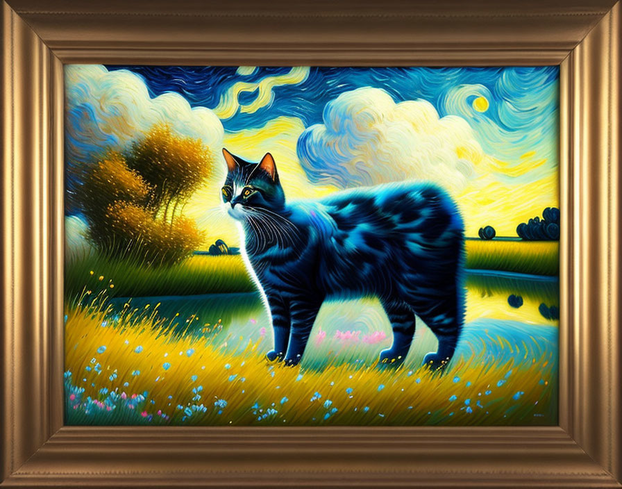 Surreal framed painting: tabby cat in vibrant landscape