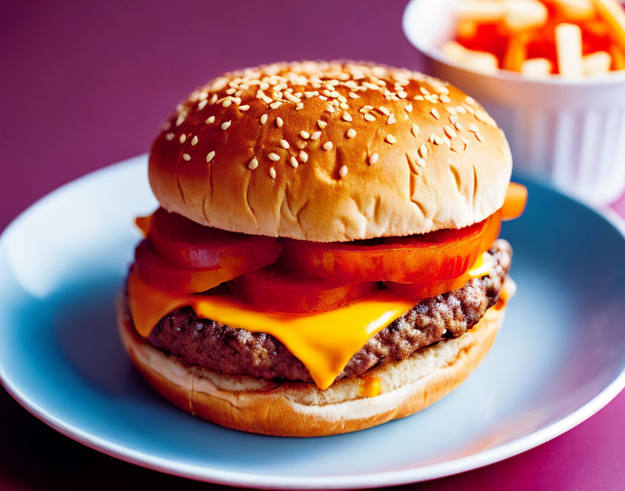 Classic Cheeseburger and Fries on Blue Plate