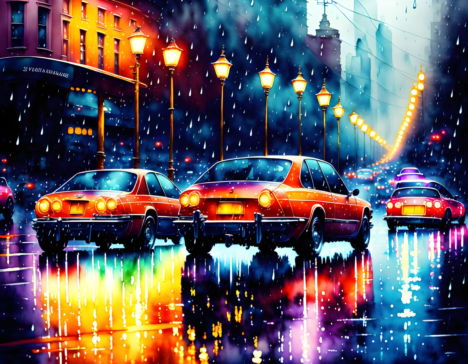 Vibrant night street scene with vintage cars, neon signs, and colorful reflections