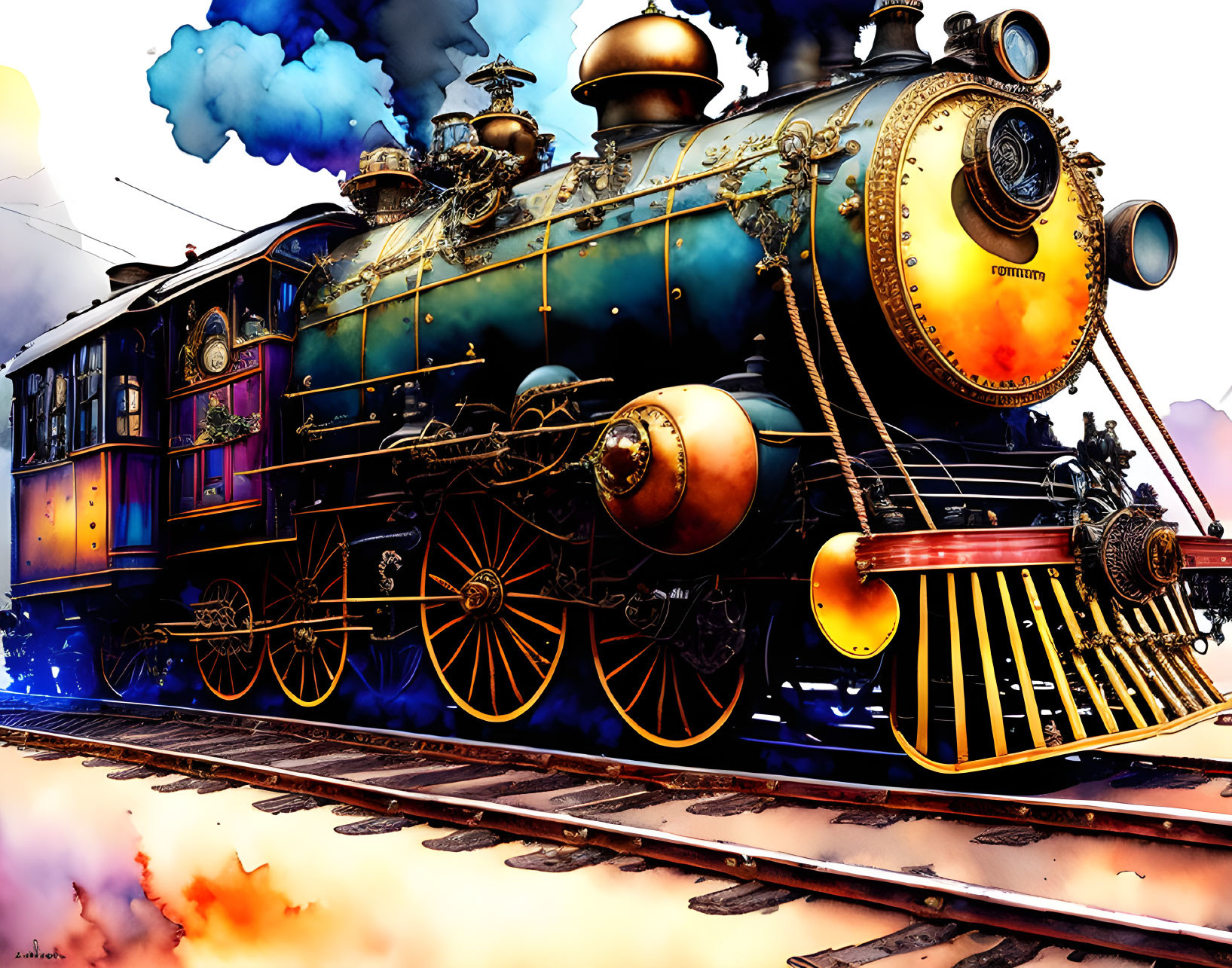 Colorful artwork of steam locomotive on tracks