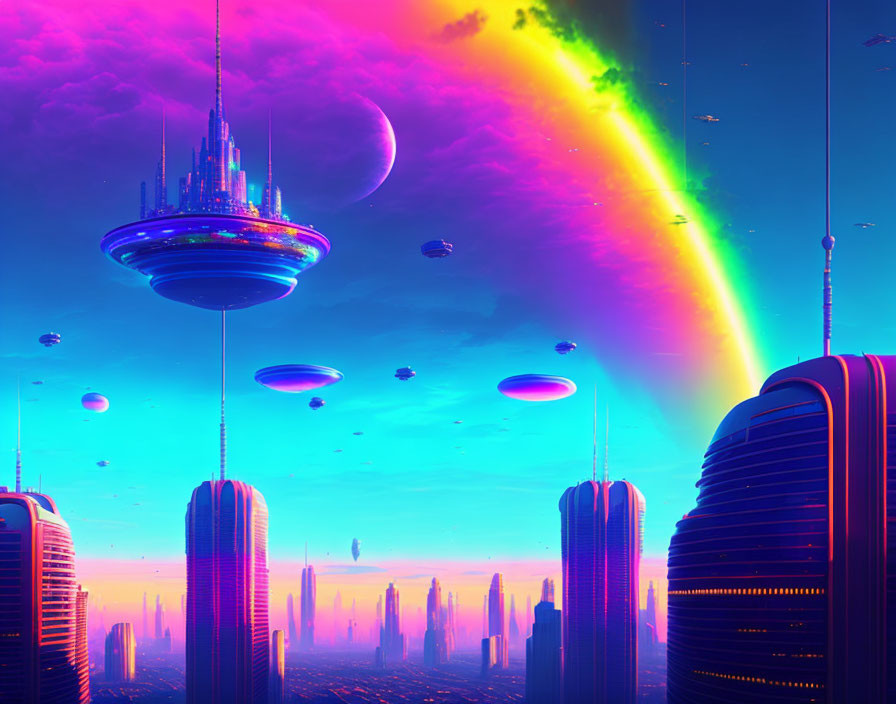 Futuristic cityscape with floating buildings, moon, and rainbow arc