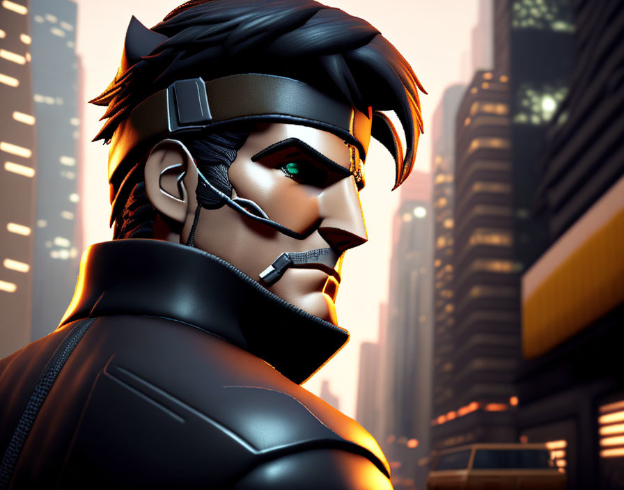 Male character with headset and eyepiece in black suit against cityscape at dusk