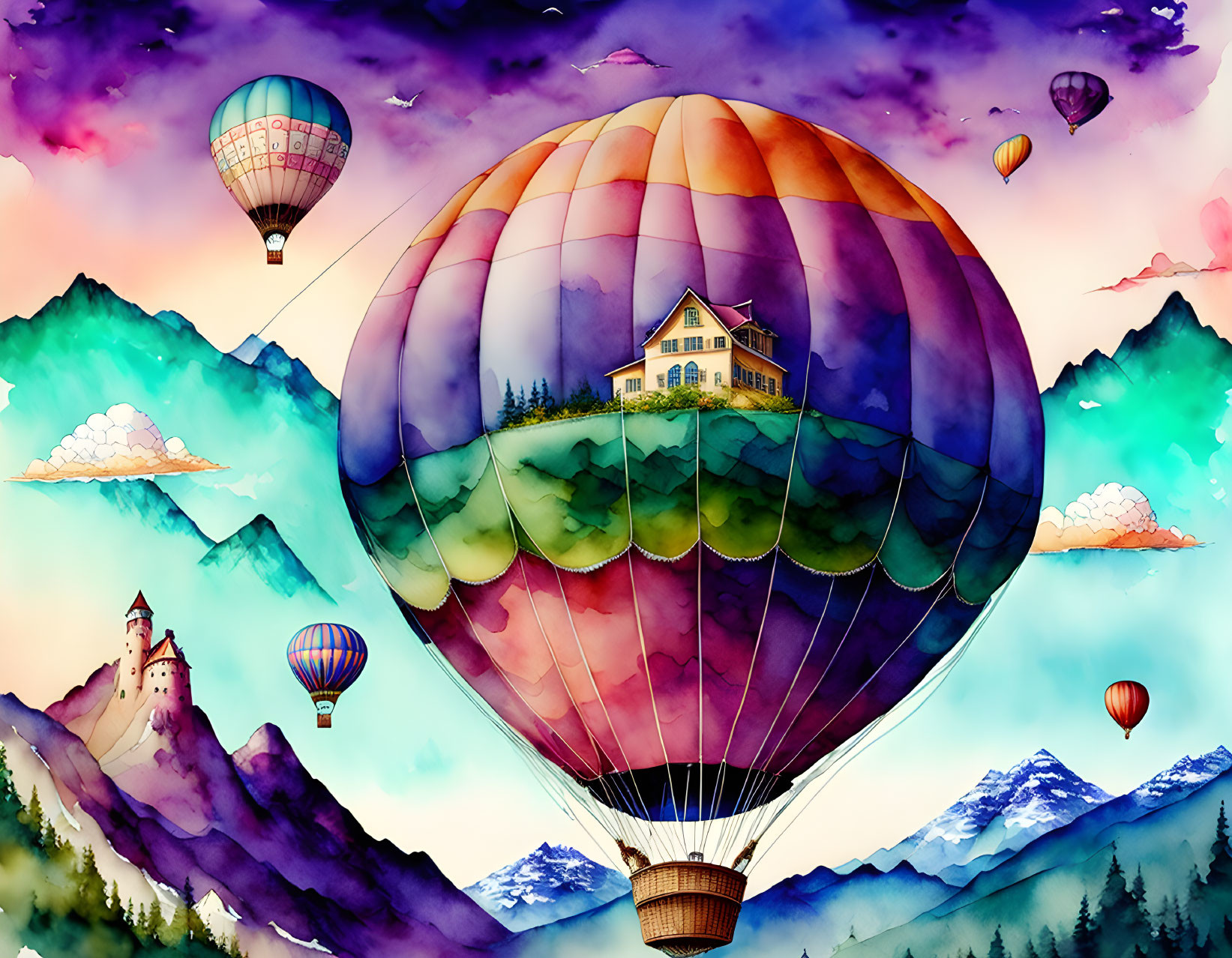 Vibrant hot air balloons float above whimsical landscape