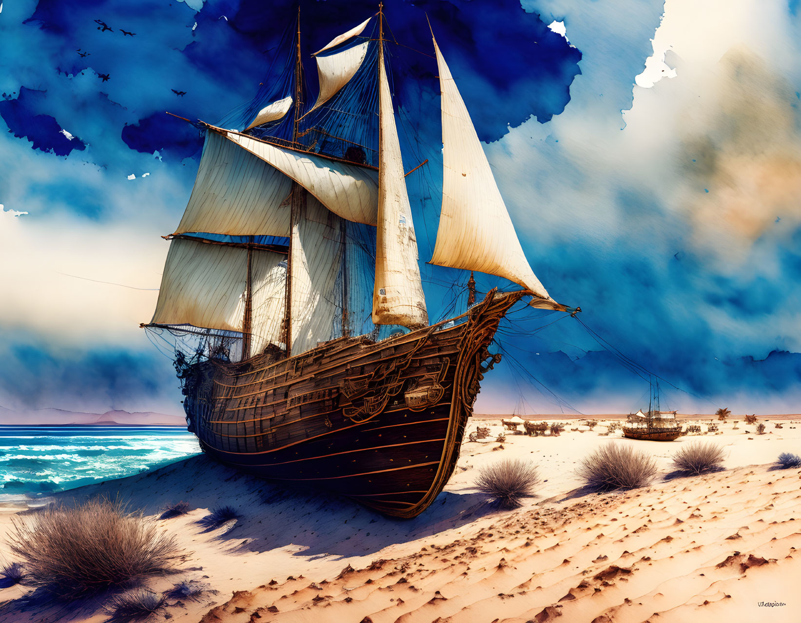 Sailing ship stranded on sandy shore under blue sky