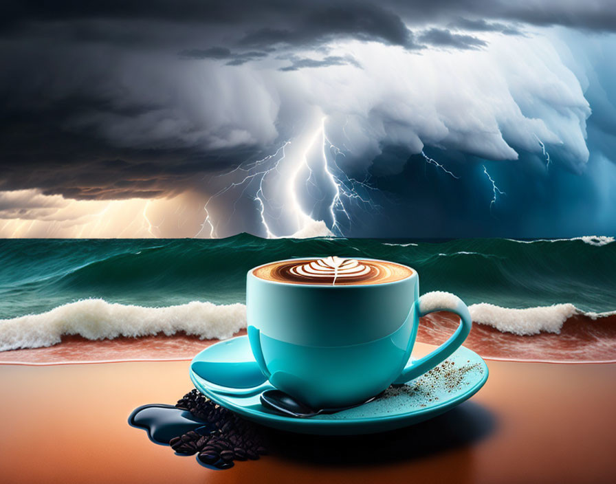 Surreal turquoise coffee cup with latte art, coffee beans, spoon, against stormy seas