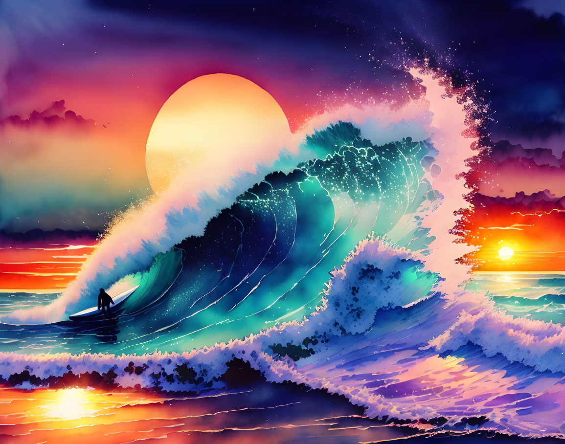 Digital art: Massive wave at sunset with boat silhouette