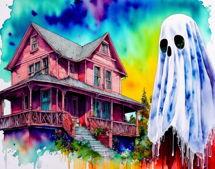 Colorful Victorian house with porch and ghost in whimsical illustration