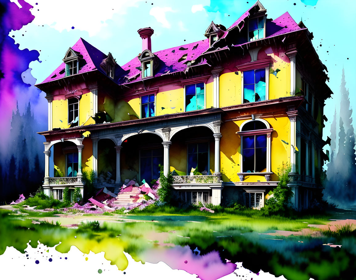 Vibrant digital artwork: Abandoned Victorian mansion with overgrown foliage