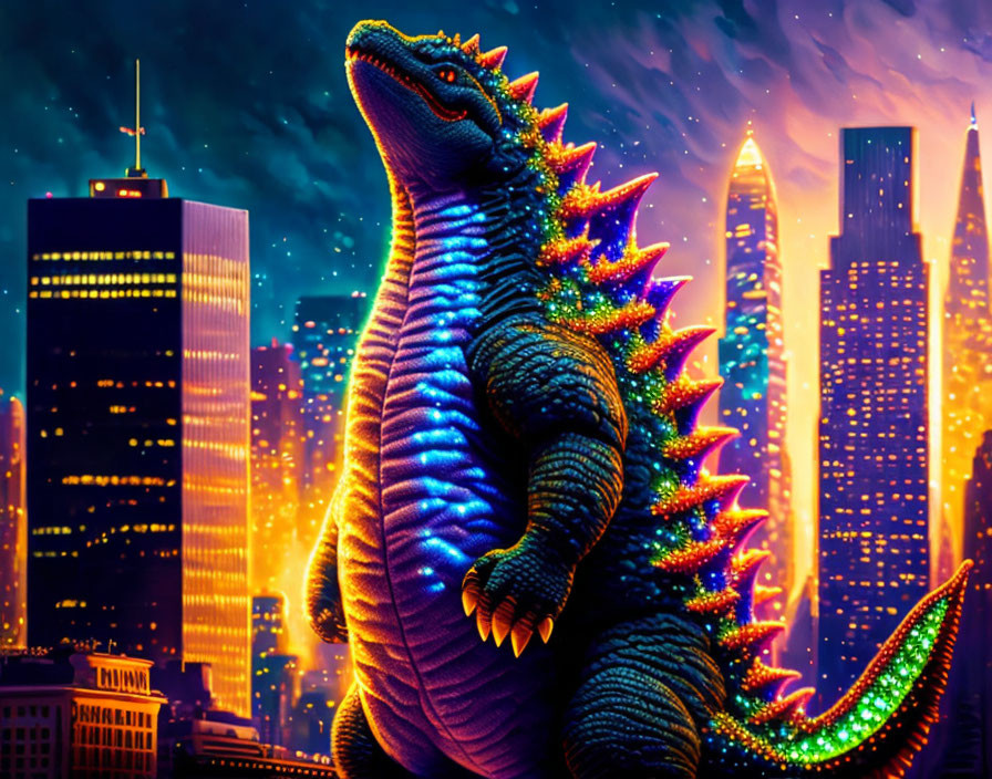 Colorful Godzilla in neon-lit cityscape at night