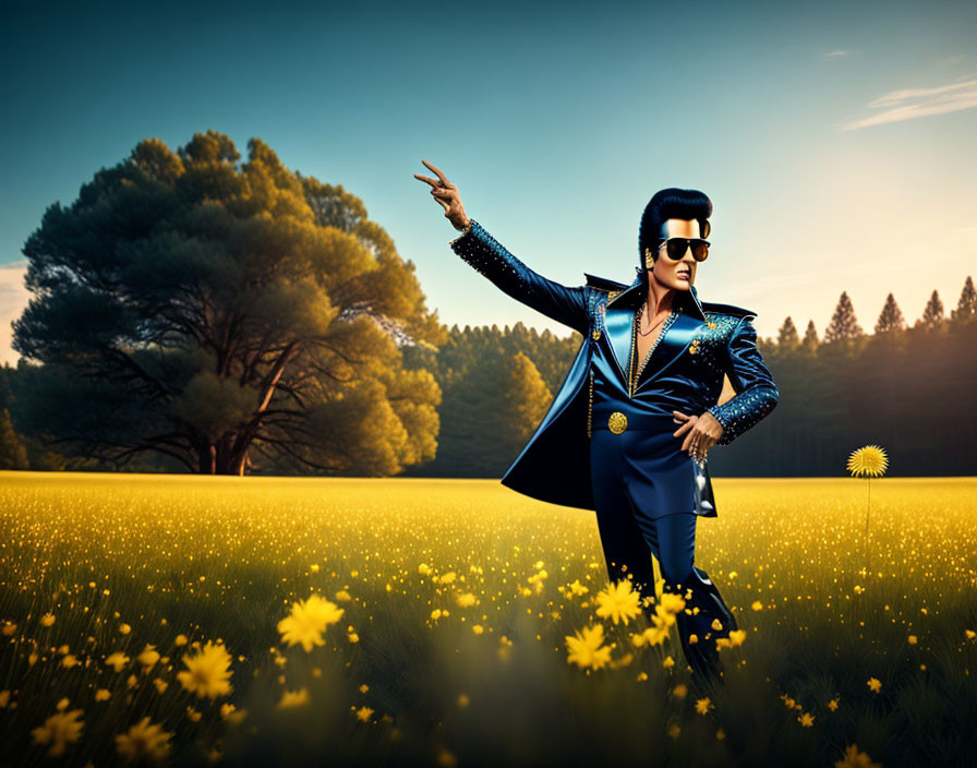 Impersonator in flower field pointing at sunset