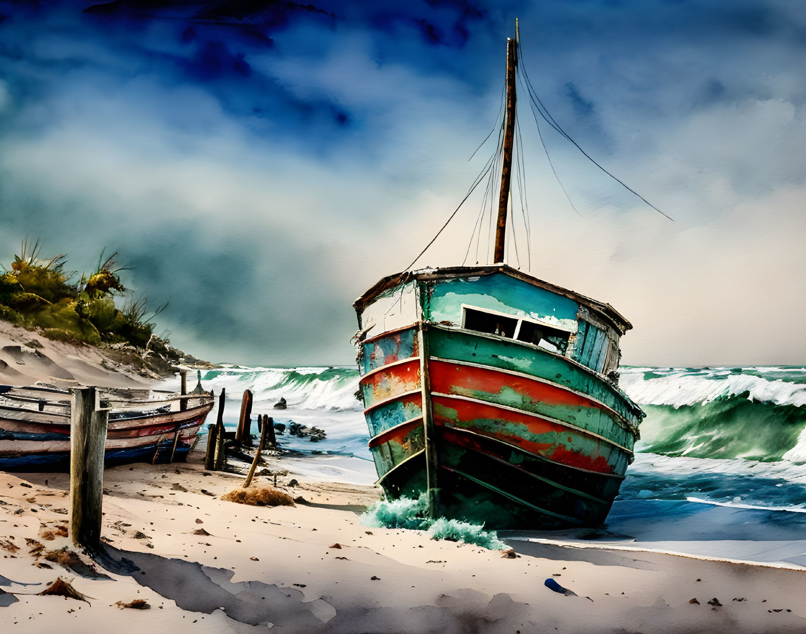 Weathered wooden boat on beach with peeling red and green paint, cloudy sky, waves, sandy