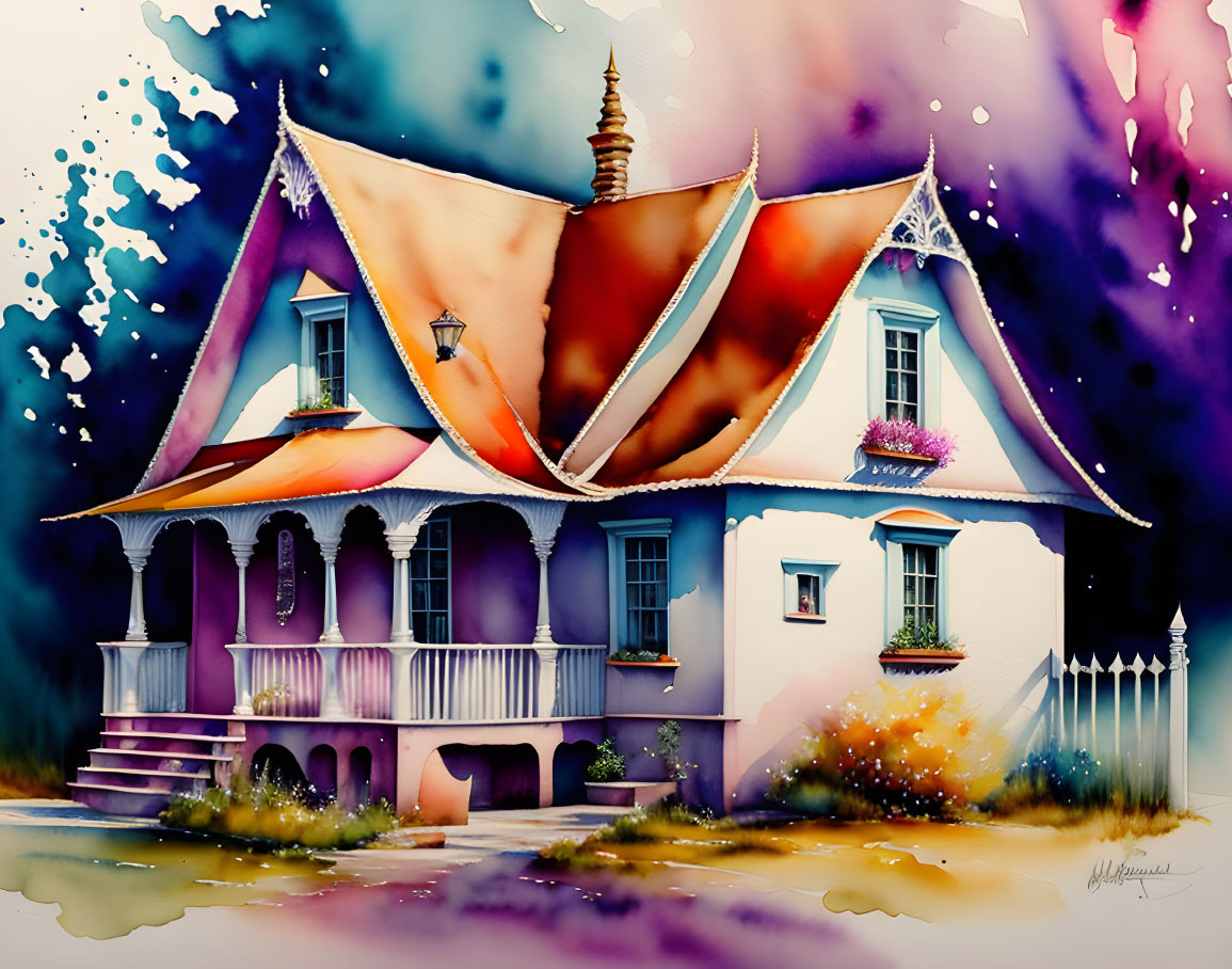 Vibrant Watercolor Painting of Whimsical House