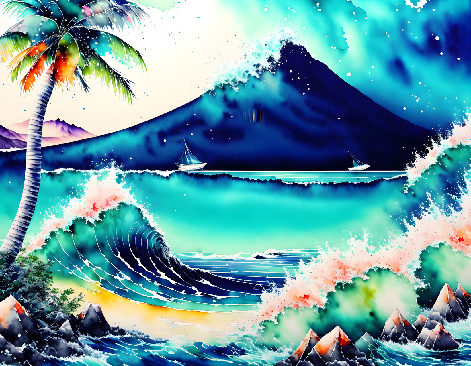 Colorful Tropical Scene with Waves, Palm Tree, Sailboat, Mountain & Starry Sky