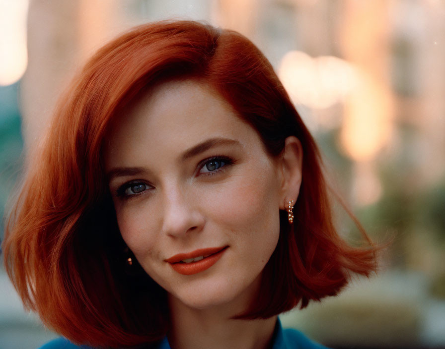 Red-haired woman with blue eyes and orange lipstick in urban setting