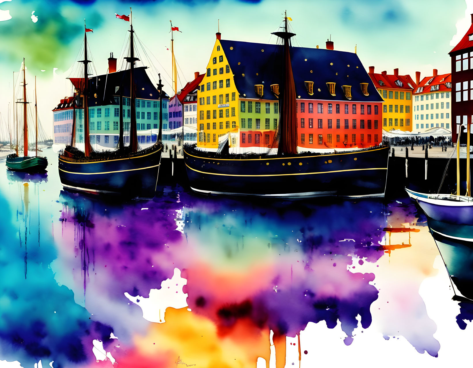 Vibrant Watercolor Painting of Colorful Harbor Buildings