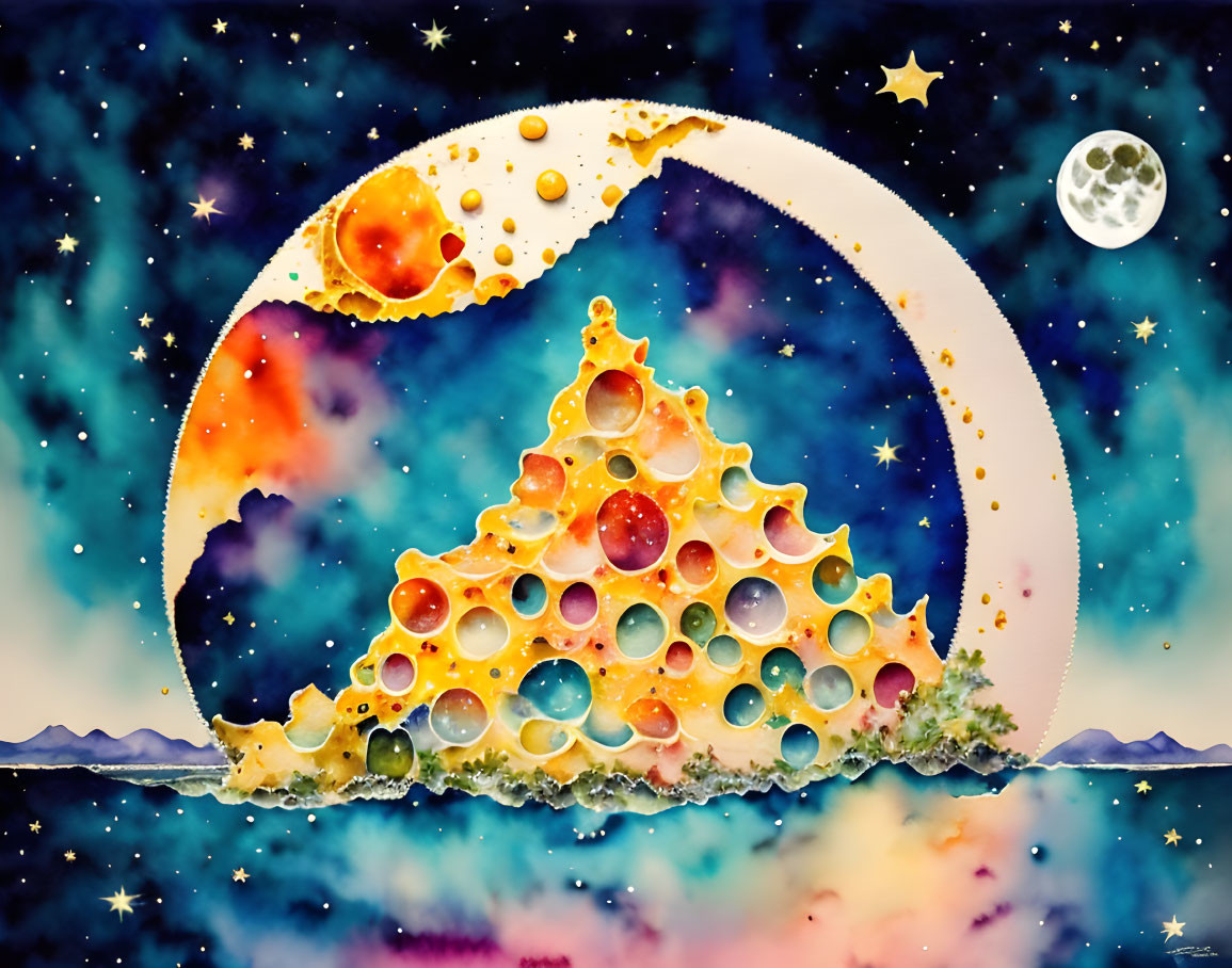 Pizza Slice Moon Illustration on Cheese-Like Lunar Landscape