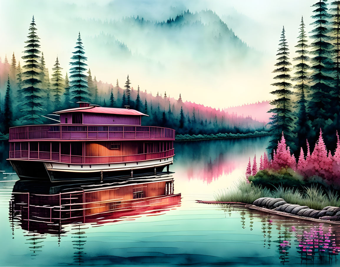 Serene lake scene with houseboat and vibrant pink foliage