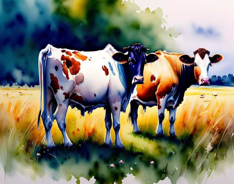 Two cows in watercolor style grazing in a field.