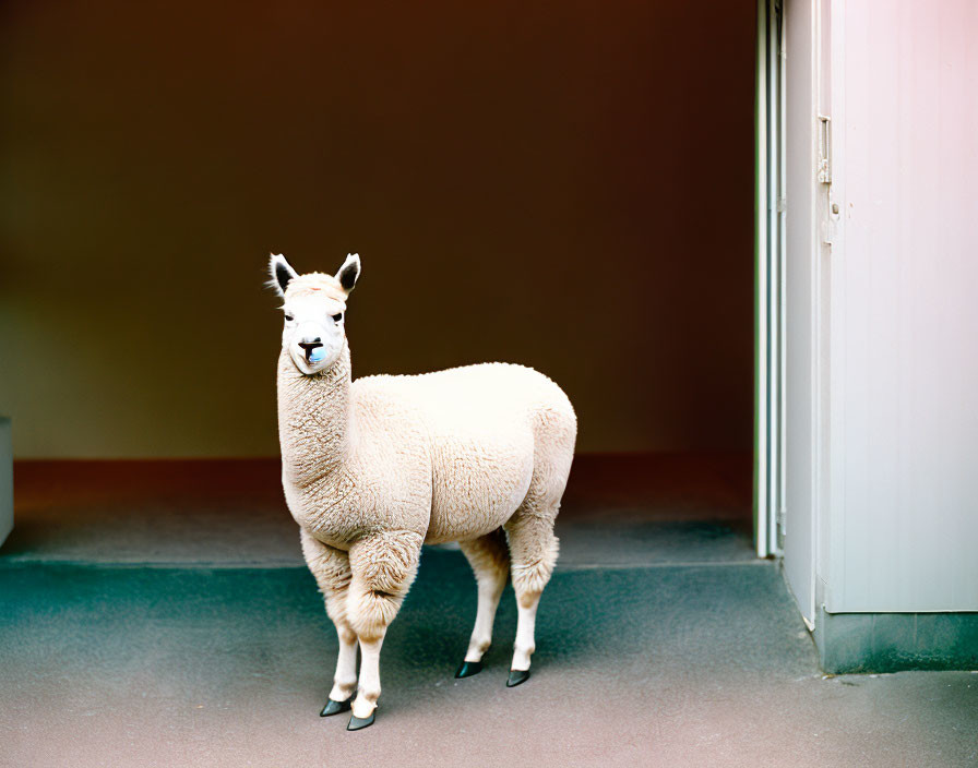 Fluffy cream llama in front of building with door