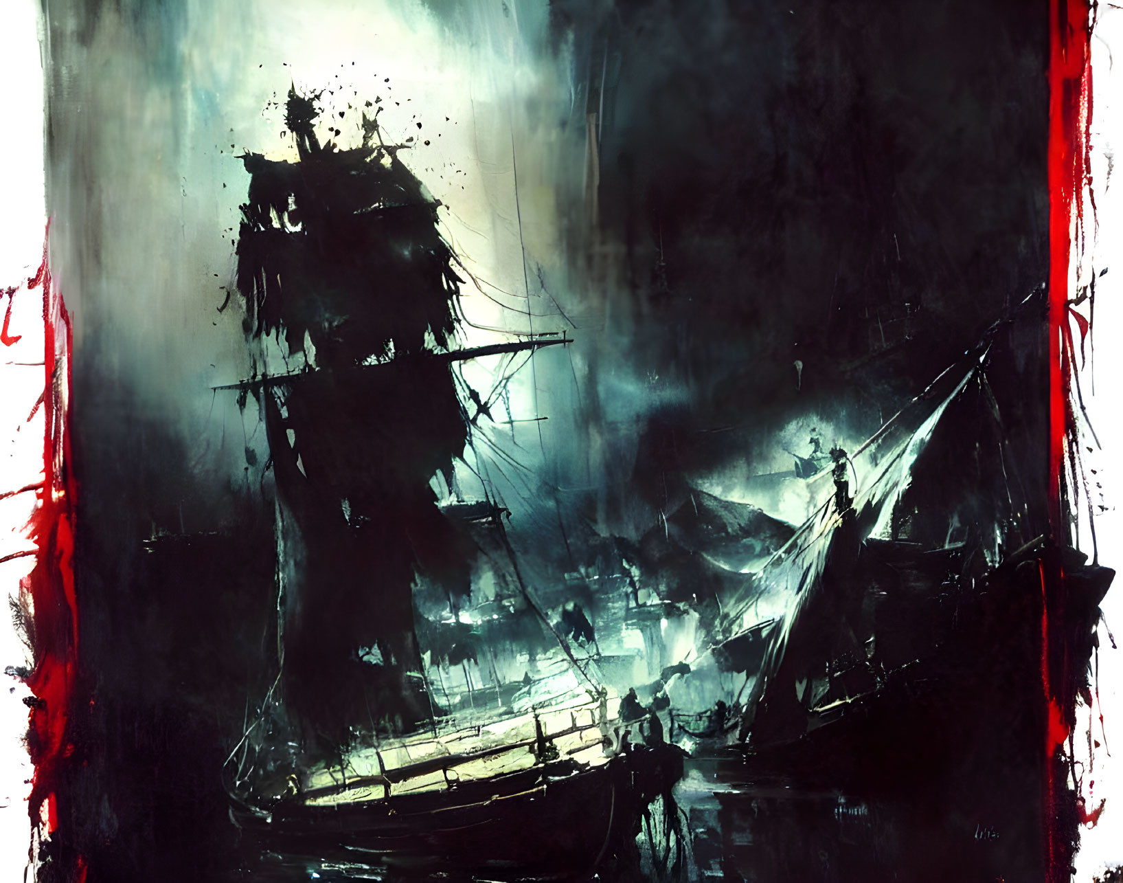 Dark, moody artwork with shadowy figures on sailing ships in deep blacks and red edges