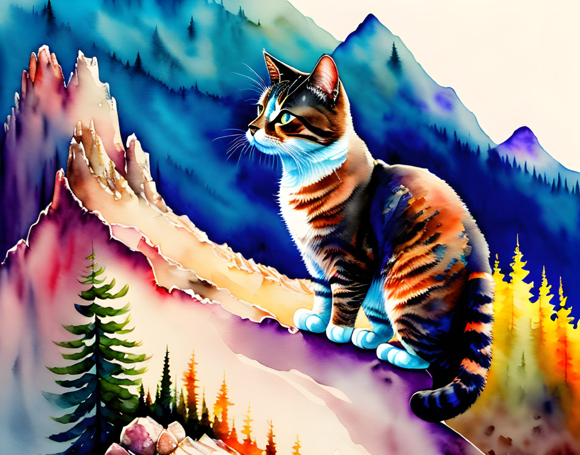 Vibrant cat illustration in mountain landscape