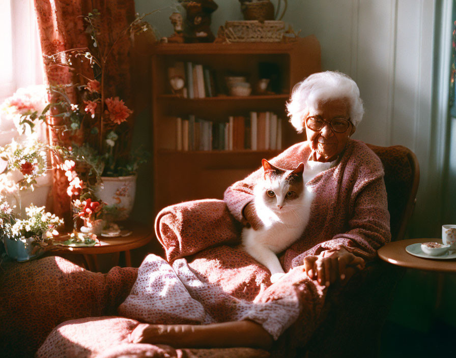 Elderly woman with white cat in sunny indoor setting