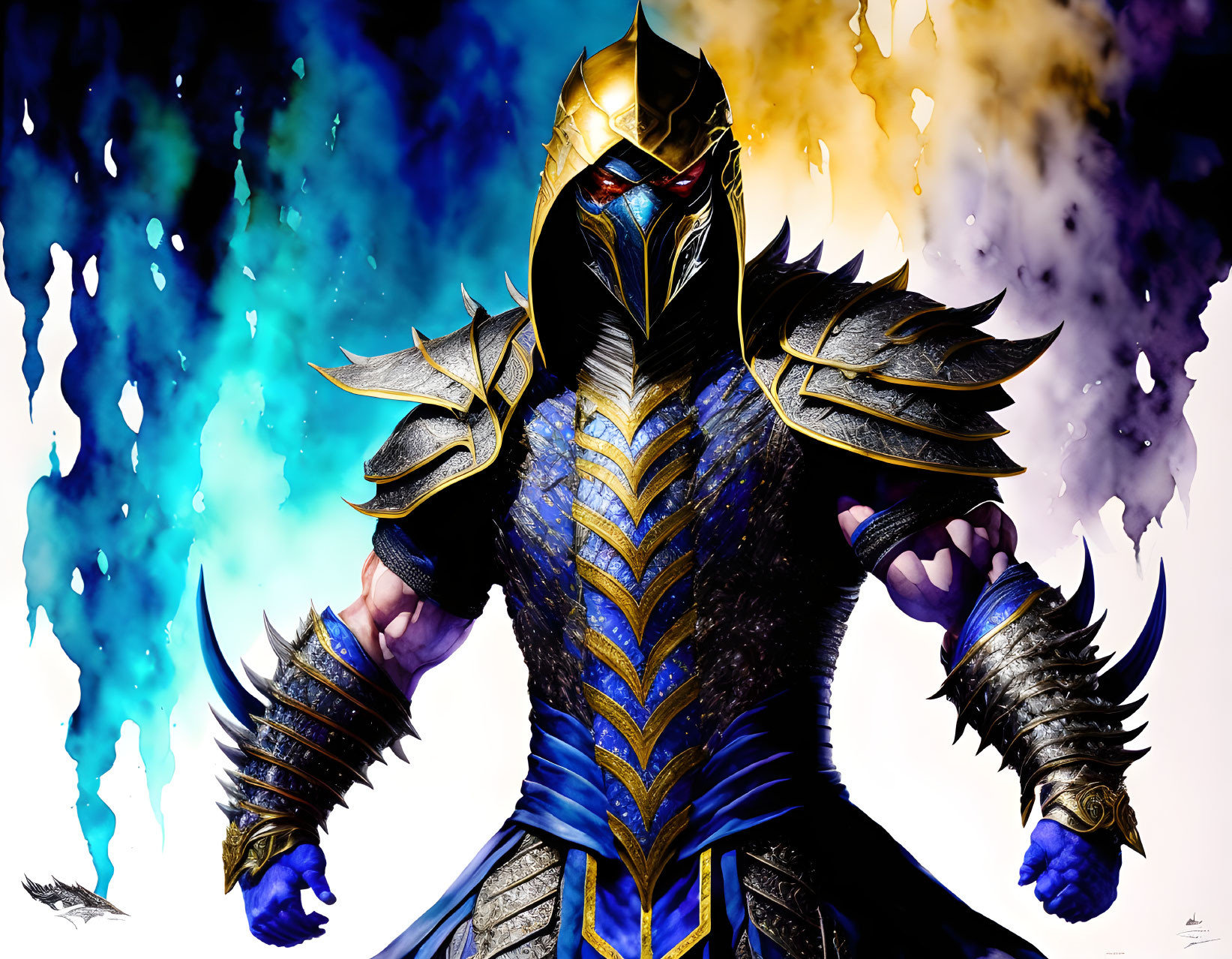 Armored knight with golden eagle helmet in blue-gold armor on smoky background