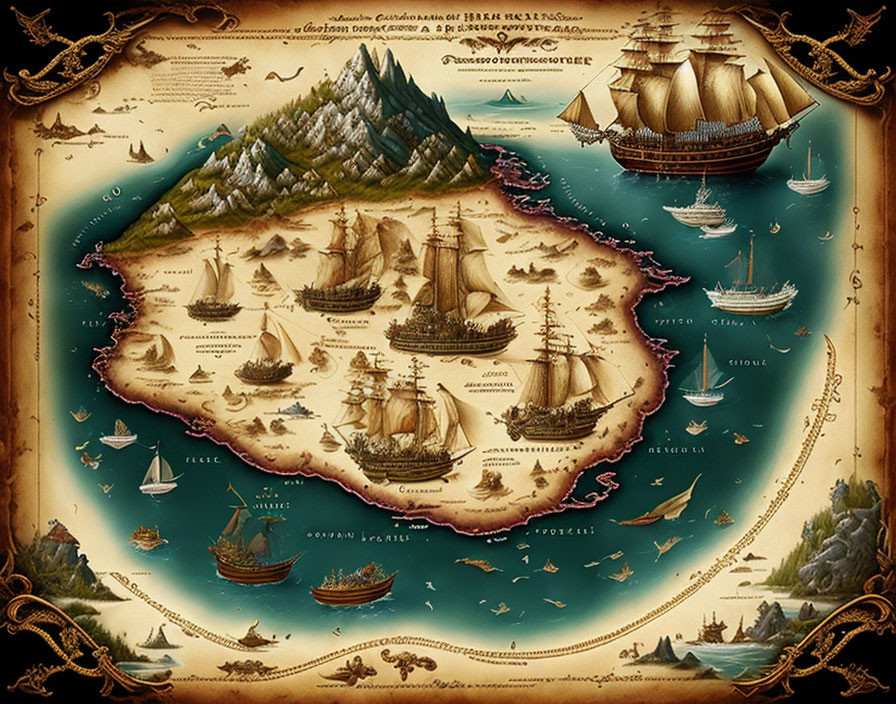 Illustrated vintage-style map with ships, landmass, mountains, compass roses, text, and borders