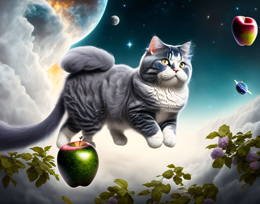 Fluffy cat in space with apples, grapevines, planet, moon, and spaceship