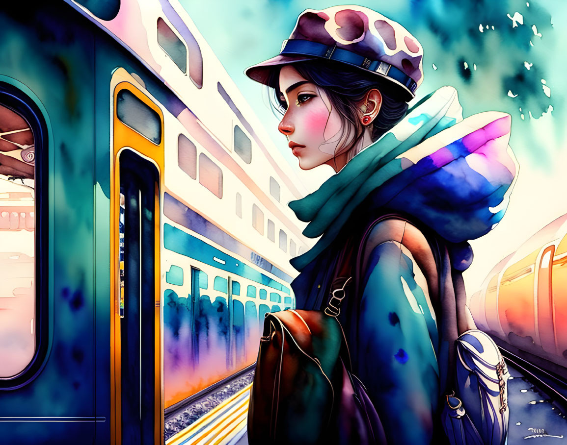 Illustration of young woman with crystalline wings at train station