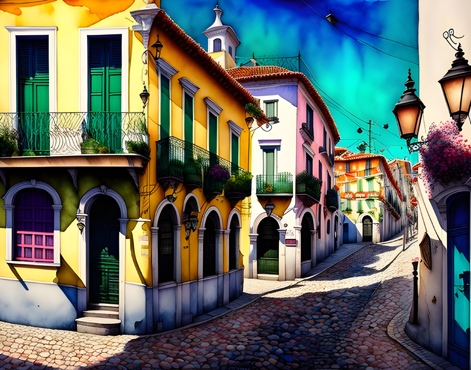 Vibrant Houses on Cobblestone Street with Hanging Lanterns