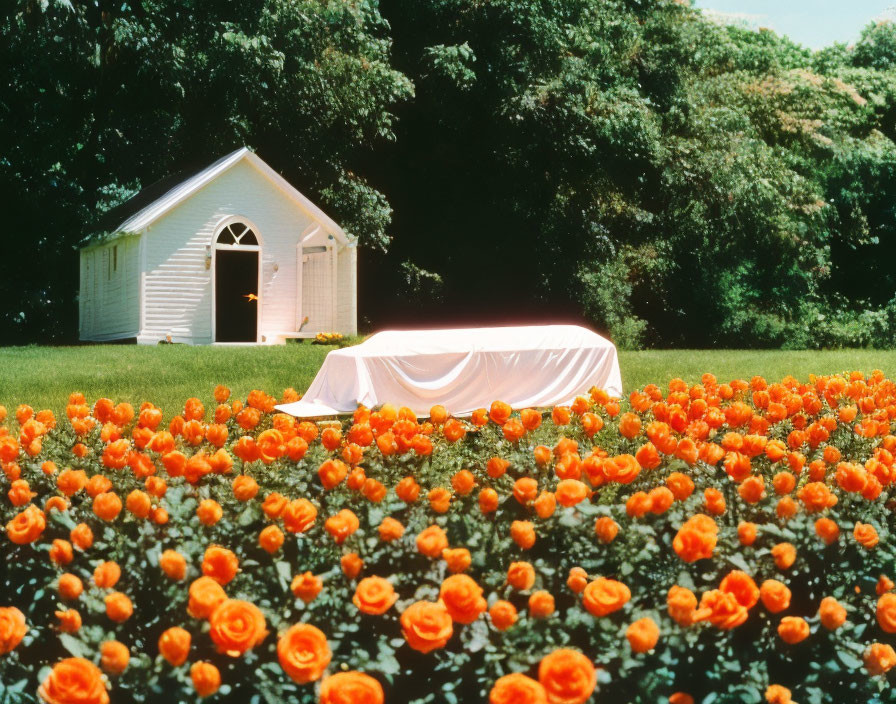 White Chapel Surrounded by Orange Flowers and Sunlit Table