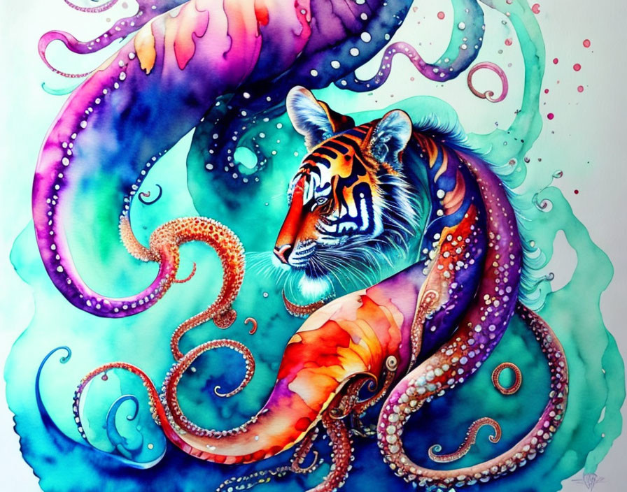 Colorful Watercolor Illustration: Tiger and Octopus Merge in Aquatic Scene