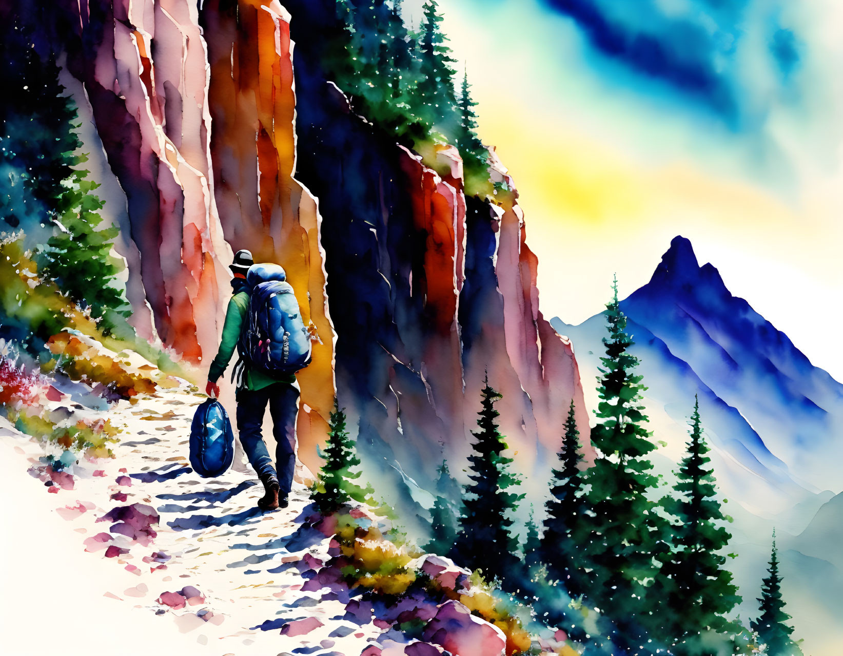 Hiker with backpack on mountain trail amidst cliffs and trees.