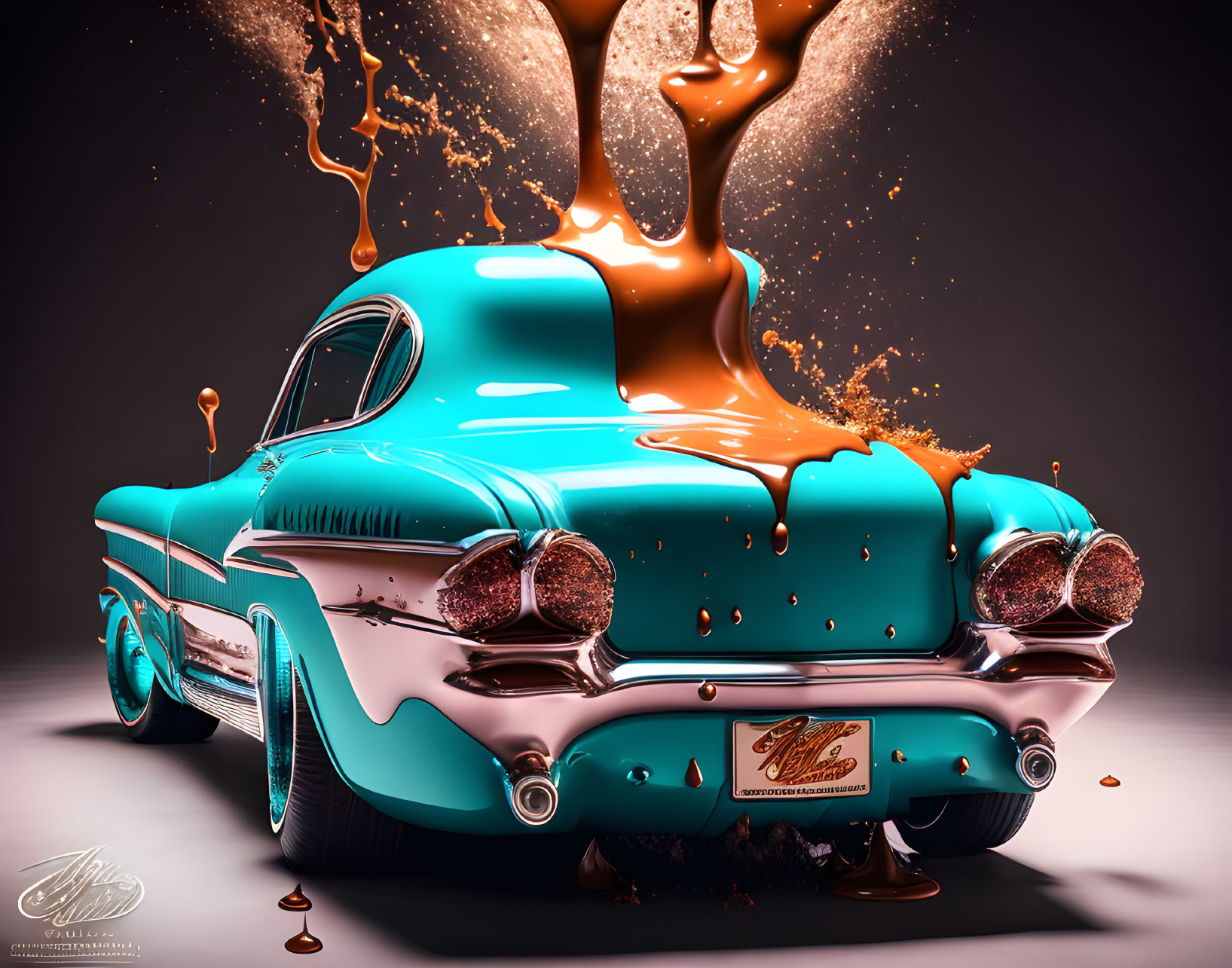 Vintage car covered in dripping brown liquid on gradient background