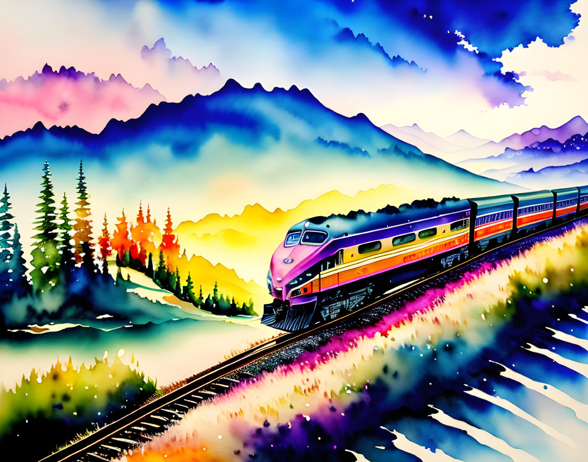 Colorful watercolor painting: Train in mountain landscape