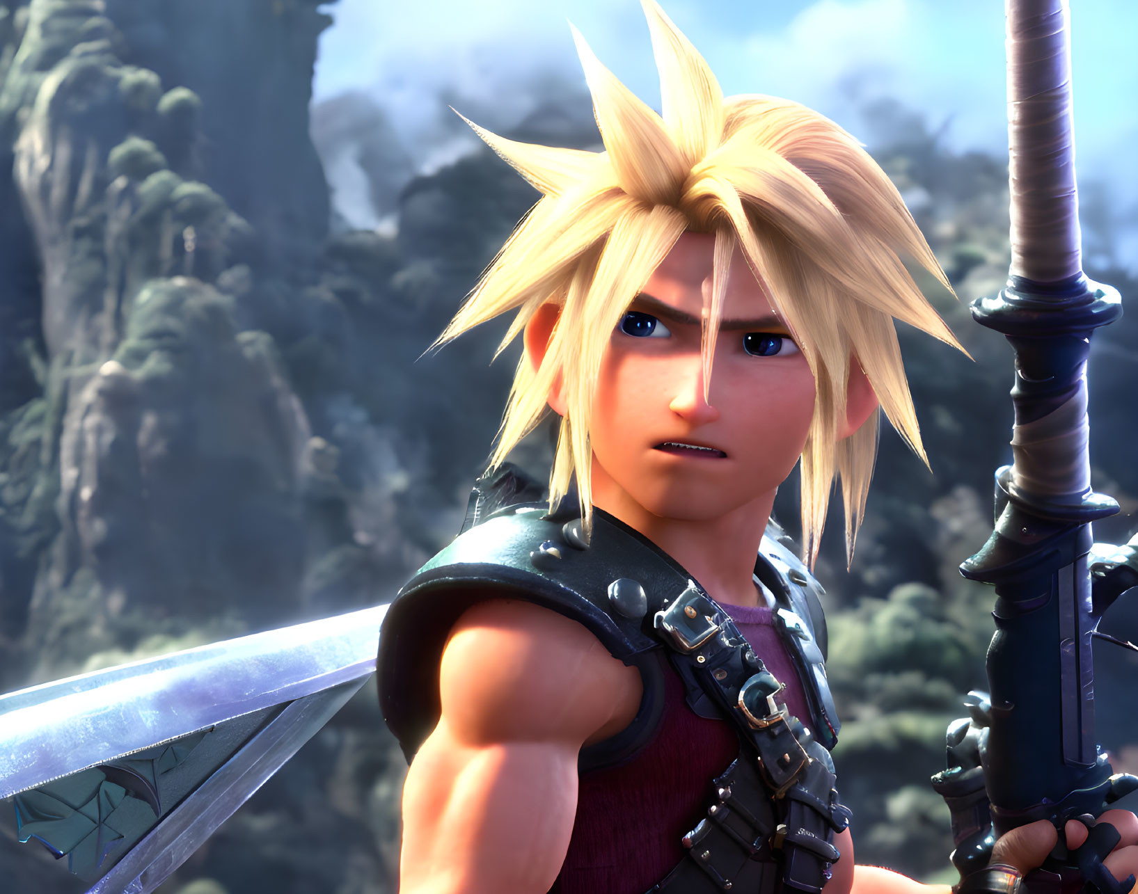 Spiky Blonde-Haired 3D Character with Sword in Forest