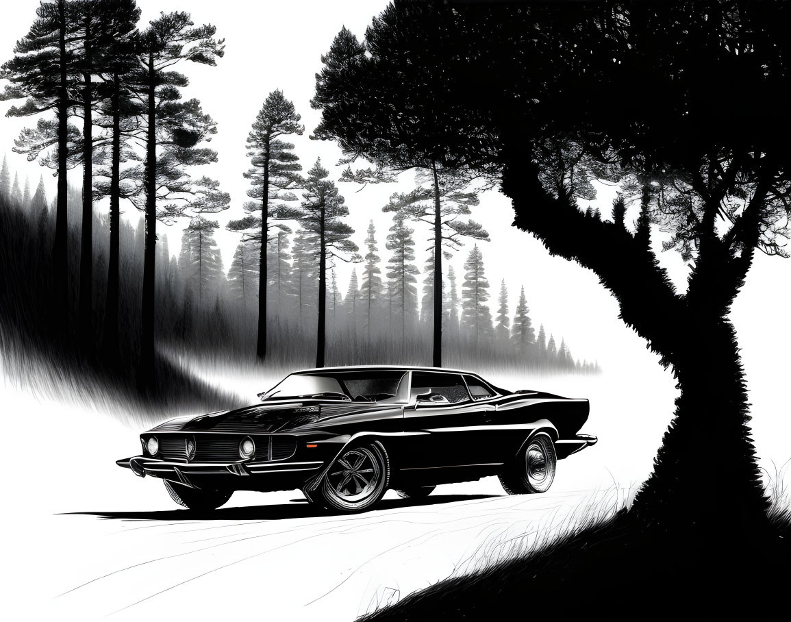 Vintage Black Muscle Car in Forest Clearing with Pine Trees and Fog